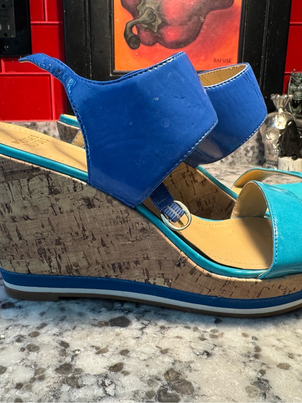 Mootsies Tootsies Cobalt Blue and Aqua Cork Wedge Sandals